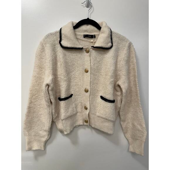 Mango NWT Large Cream/Black Contrast Trim Collared Gold Button Cardigan Sweater - Picture 2 of 7